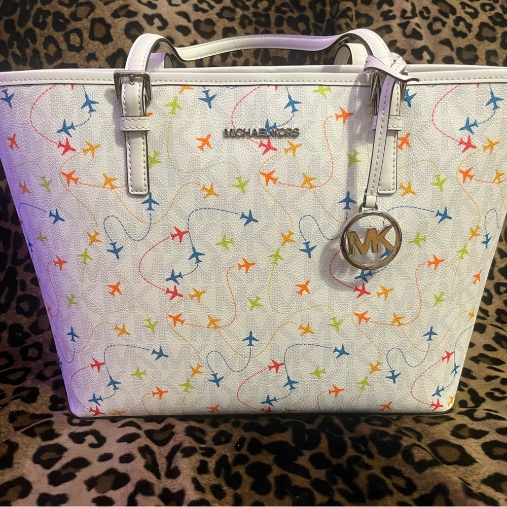 Michael Kors Jet Set Airplane White Multicolor Tote Bag